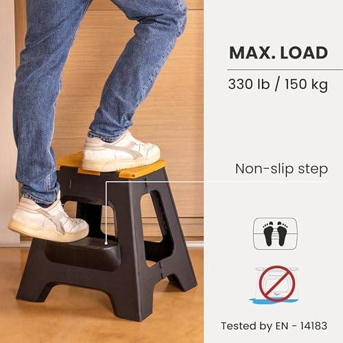 Vigar Compact Folding Step Stool, 16 in 2 Step, Black Bamboo Print | 16 in Fo...