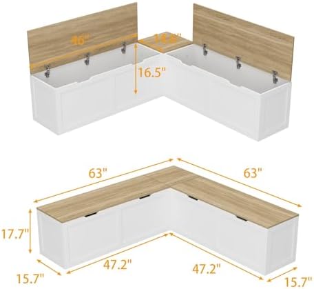 L Shaped Breakfast Nook Bench with Hidden Storage, 63 Inch Corner Dining Benc...