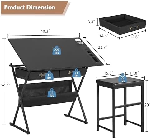 VECELO Drafting Table Art Desk Art Table Adjustable Drawing Table Tilted Tabl...