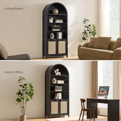SICOTAS 84.2" Tall Arched Bookcase with Doors - 5 Tier Rattan Bookshelf