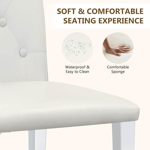 White Dining Chairs Set of 4, Faux Leather, Silver Metal Legs | Button-Tufted...