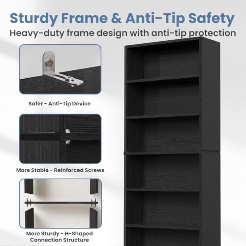 DUMOS 6-Tier Bookcase, 63 Inch Tall Open Bookshelf, Modern Black