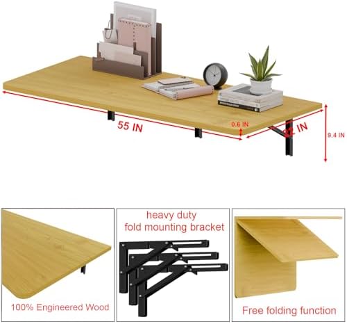 IAE 55x22in Floating Fold Desk,Wall-Mounted Folding Computer Table,Natural