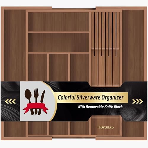 Expandable Bamboo Silverware Organizer with Knife Block, Brown | 12.6-21.45 x 16.3 x 2.13 in, Holds 7 Knives, Removable Knife Block, Adjustable Dividers, Drawer Insert for Utensils, Forks