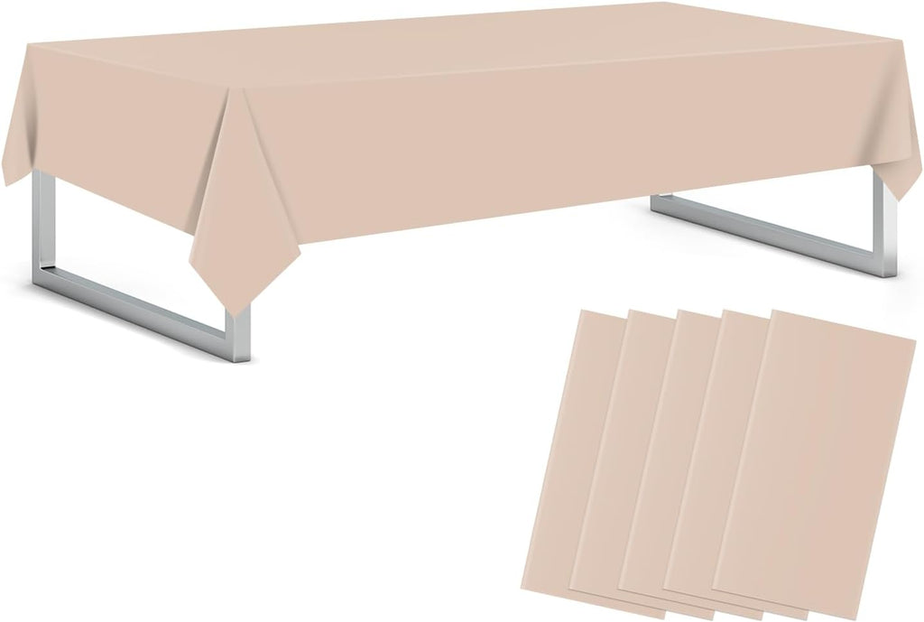 Beige 5 Pack 54 x 108 Inch Plastic Tablecloth Disposable Tablecloth for Rectangle Table, Party Plastic Table Cloth