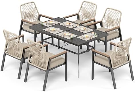 SUNSHINE VALLEY 7pc Patio Dining Set, 59" Metal Table & 6 Rattan Chairs