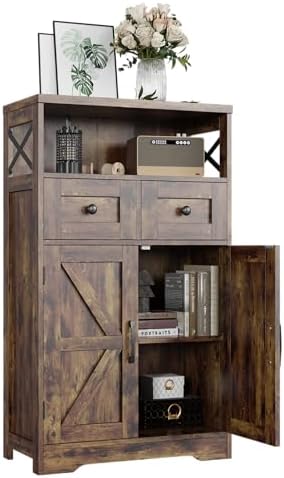 FiveWillowise Rustic Brown Farmhouse Storage Cabinet with Barn Doors and Shel...
