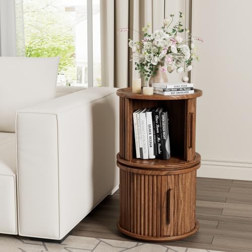 Round Coffee Table Set of 2, Nesting Side Table with Sliding Door Storage | R...