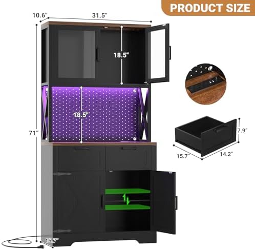 Unikito 71" Kitchen Pantry Cabinet with LED Light & Outlet, Microwav...