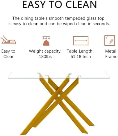 51" Modern Gold Glass Dining Room Table Set for 4, 5-Piece Rectangle Kit...