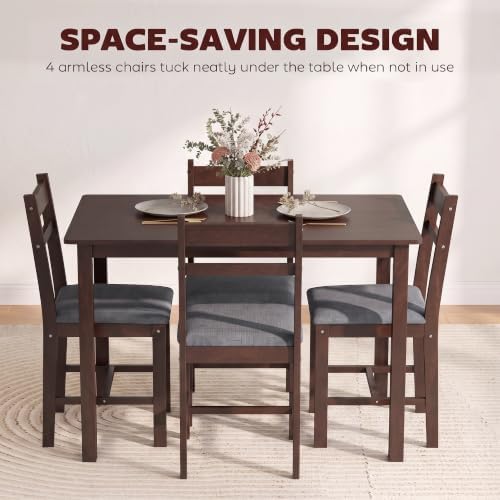HOMCOM 5-Piece Solid Wood Dining Table Set for 4, Walnut and Gray