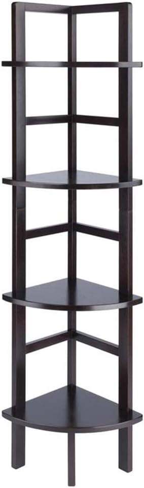 Pemberly Row Corner Solid Wood Baker's Rack, Coffee Finish, 4-Shelf Storage, 63.58" H x 13.86" W x 13.86" D, Space-Saving Transitional Design for Kitchen, Living Room, Dining Room, or Bathroom Use
