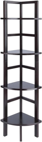 Pemberly Row Corner Solid Wood Baker's Rack, Coffee Finish, 4-Shelf Storage, 63.58" H x 13.86" W x 13.86" D, Space-Saving Transitional Design for Kitchen, Living Room, Dining Room, or Bathroom Use
