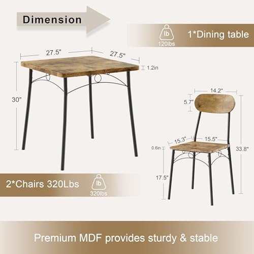 VECELO 3 Piece Small Dining Table Set for 2, Metal and Wood Square Kitchen Di...
