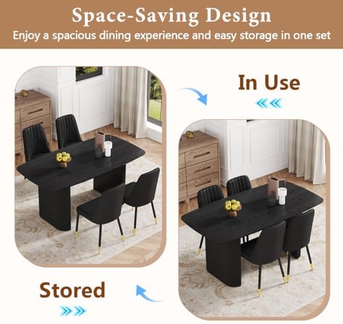TesNus Modern Dining Table Set for 4, 67'' Black Dining Table Set with 4 Upholstered Metal Chairs, 3.5'' Oval Wood Top and Matte Black Pedestal Base, Rounded Corners Kitchen & Dining Room Table Set