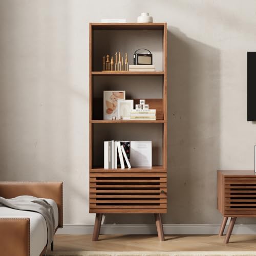 Furnify 4-Tier Narrow Bookcase with Open Shelf and Slatted Door, Walnut