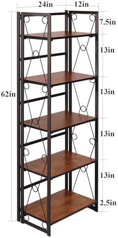 VECELO Folding Bookshelf, 5 Shelf Bookcase No Assembly, Industrial Metal Fram...