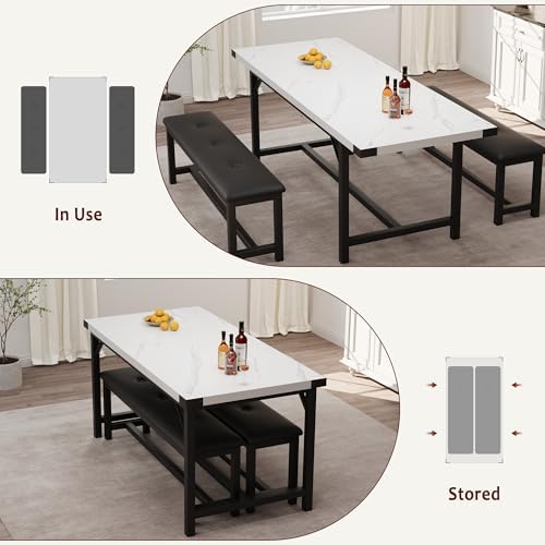GarveeHome 5 Piece Extendable Dining Table Set for 4-6, Marble White