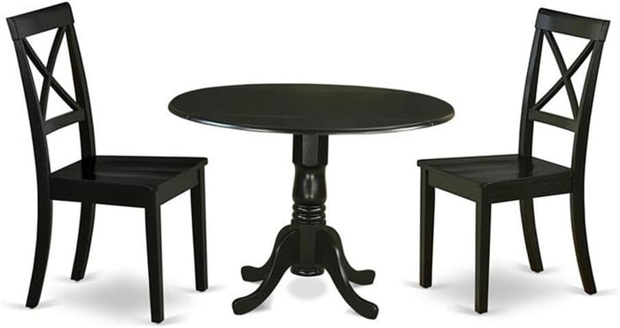 East West Furniture DLBO3-BLK-W 3 Piece Dining Table Set for Small Spaces Contains a Round Dining Room Table with Dropleaf and 2 Wood Seat Chairs, 42x42 Inch, Black