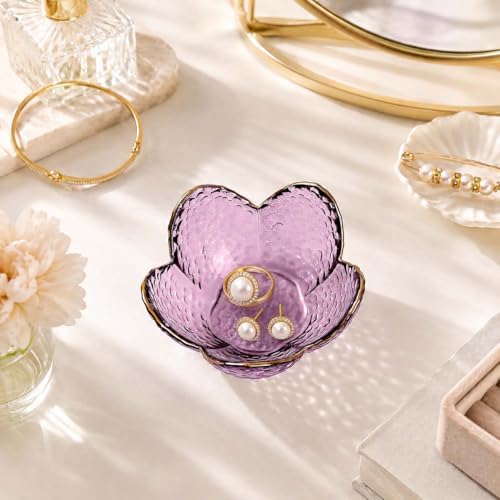 Gifts for Women Purple Flower Jewelry Ring Dish Tray,Decorative Glass Trinket Dish,Room Decor Aesthetic, Modern Accent Tray for Vanity (Purple A)