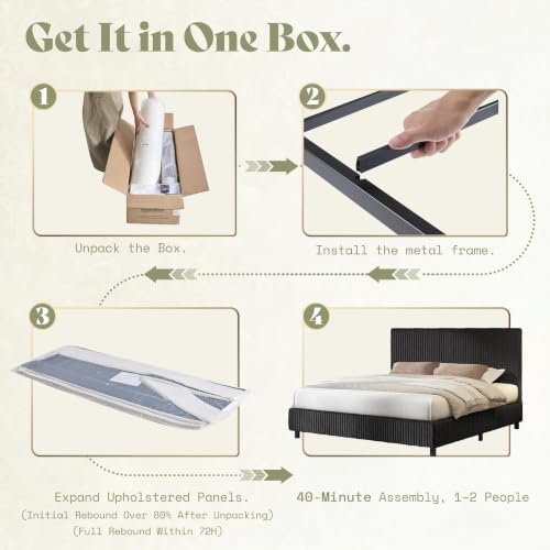 AMERLIFE Queen Bed Frame, Upholstered Metal Platform Bed, Black