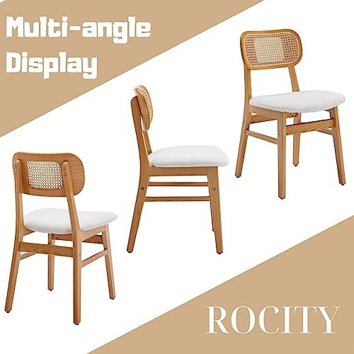 ROCITY Rattan Dining Chairs Set of 6 White Lambswool Dining Room Chairs Natur...
