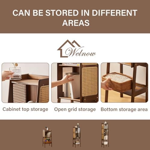 Welnow Bamboo Rattan Bookcase with Cabinet, 3-Tier Storage Shelf with Side Ta...