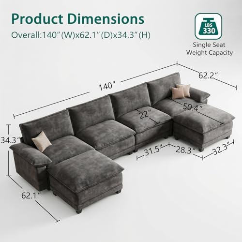 140" Modular Sectional Couch, U Shaped Cloud Sofa for Living Room | Comf...
