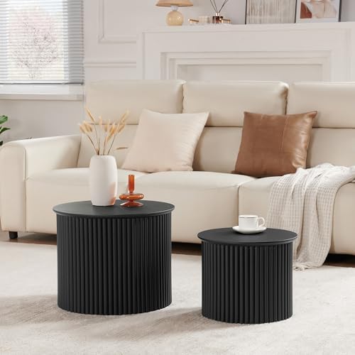 Small Fluted Round Nesting Coffee Table Set of 2, Mid Century Modern Coffee T...