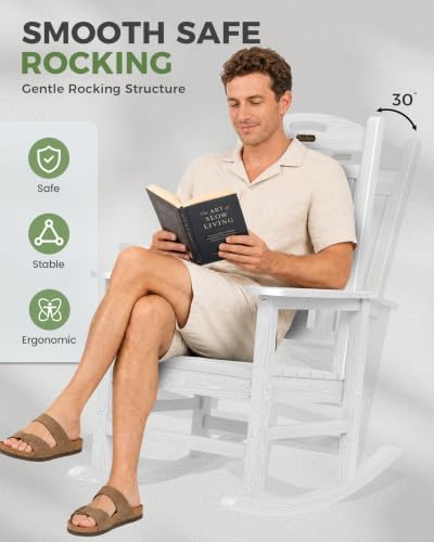 Outdoor Rocking Chair, HDPE Patio Rocking Chair, All Weather,White | Relax in...