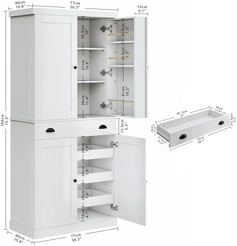 IRONCK 72" Kitchen Pantry Cabinet with Drawer and Sliding Racks, White |...