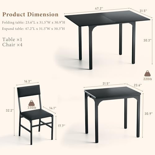 HUAHUU Dining Table Set for 4, Extendable Kitchen Table Cushion Chairs Set of...