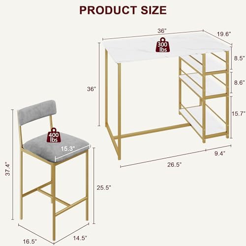 Dining Table Set for 2 with 3 Storage Shelves, 3-Piece Counter Height Kitchen...