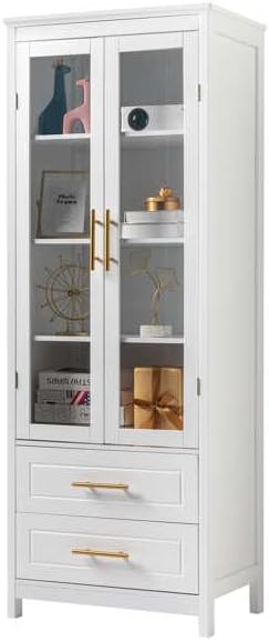 White Kitchen Pantry, 63" Tall Display Cabinet Storage, Pantry Cabinets, Tall Bathroom Floor Storage Cabinet, Bathroom Shelf with 2 Glass Doors, Cupboard, Floor Cabinets Storage Organizer