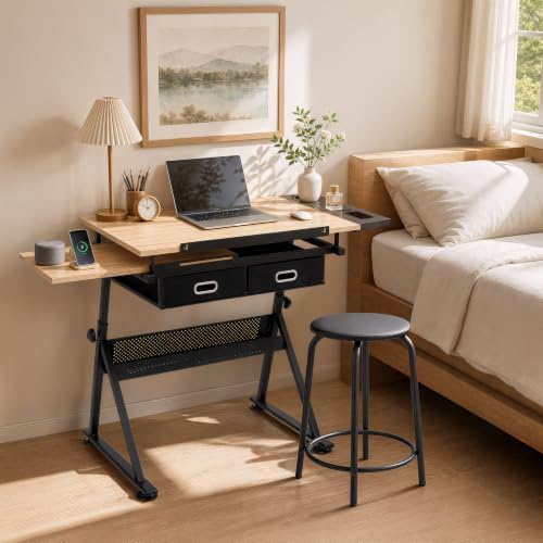Athena Collection Wooden Drafting Table W/Stool, Tilting Art Desk, Natural