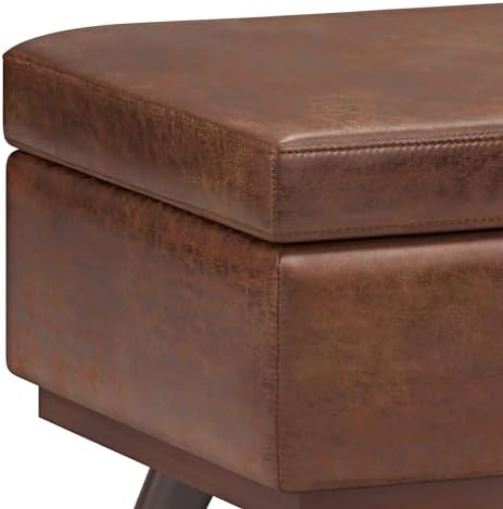 SIMPLIHOME Owen 42" Wide Vegan Leather Lift Top Ottoman in Saddle Brown ...