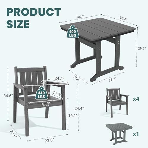 Pamapic Patio Dining Table Set, 5-Piece Outdoor Dining Set for 4, Grey