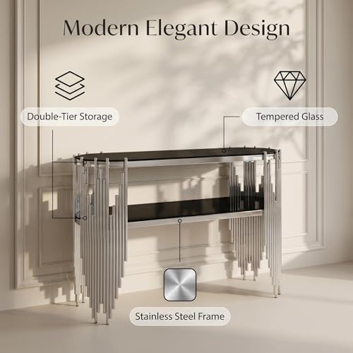 Modern Oval Console Table, 47 Inch Silver Sofa Tables with 2-Tier Black Tempe...
