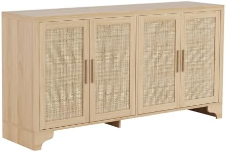 GarveeHome 4-Door Sideboard Buffet Cabinet, Natural Rattan Storage Cabinet, B...