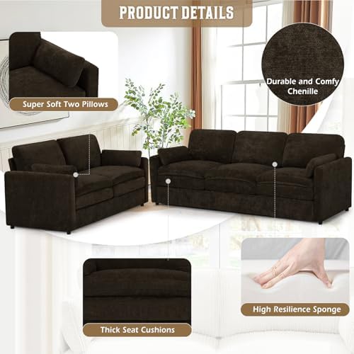 Comfy Chenille Sofa Set with Well-Filled Pillows, Brown | Modern 3 Seater &am...