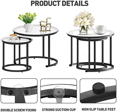 aboxoo Black Nesting Coffee Glass Table Set of 2, Metal Freme Side End Tables...