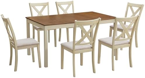 AMERLIFE 7-Piece Farmhouse Solid Wood Dining Table Set for 6, Rustic Cream | ...