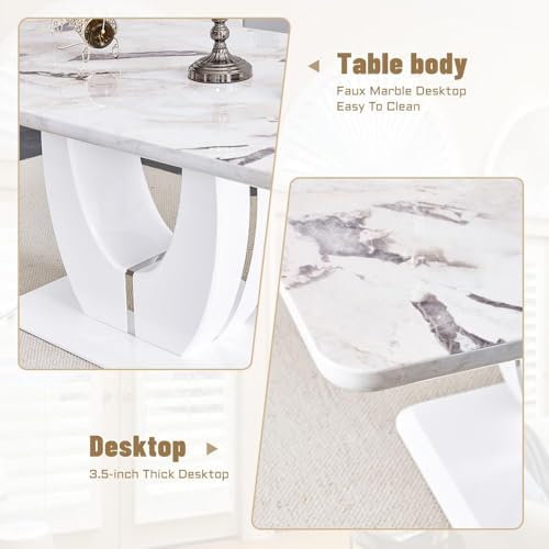 JUFU Dining Table Set for 6 with Chairs PU Upholstered, 63'' White Fa...