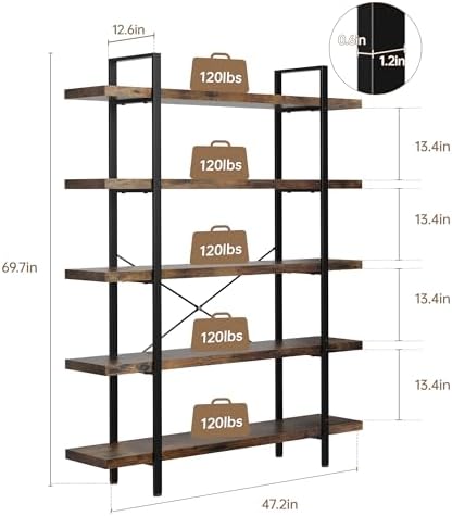 Heavy Duty 5 Tier Industrial Bookcase for Home Office, Rustic Brown