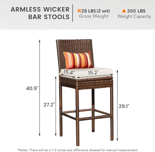 Sundale Outdoor Wicker Bar Stool Set of 2, 29 Inch Seat Height Patio Stool