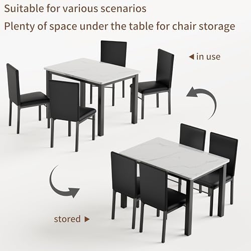 7 Piece Faux Marble Dining Table Set for 6, Space Saving Kitchen Table and Ch...