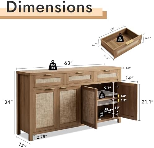 HOKYHOKY 63" Rattan Sideboard Buffet Cabinet, Boho Storage Cabinet
