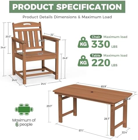 HDPE Outdoor Dining Set, Patio Table and 6 Chairs, 2" Umbrella Hole, Teak