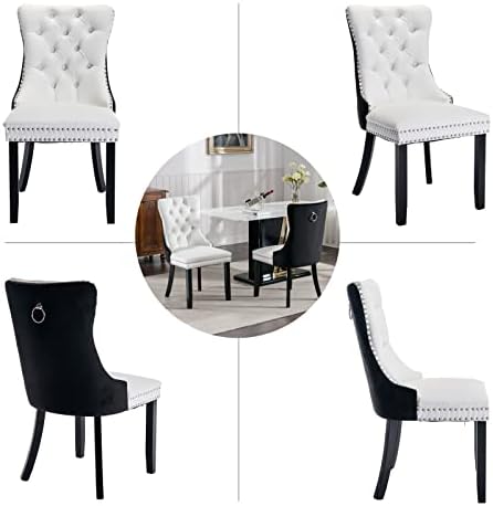 Black and White Dining Chairs Set of 2, Velvet Back, PU Leather Seat
