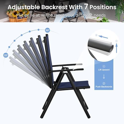 PHI VILLA Outdoor Dining Set for 4, Square Table w/Folding Chairs, Blue
